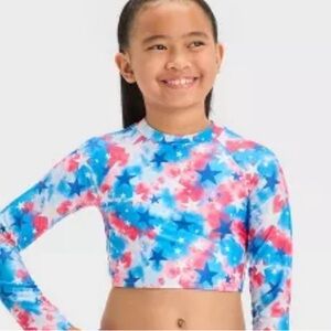 Cat & Jack Girls Red White And Blue Tie Dye Stars Rashguard, L (10-12), NWOT